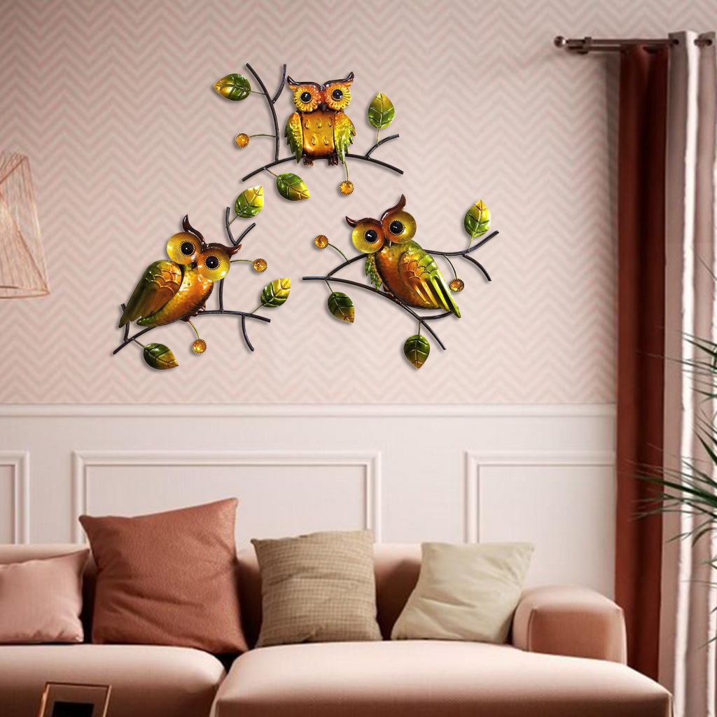 3pcs Wall Hanging Metal Owl Sculpture Wall Art Decor, Nursery Kid's Room Bas
