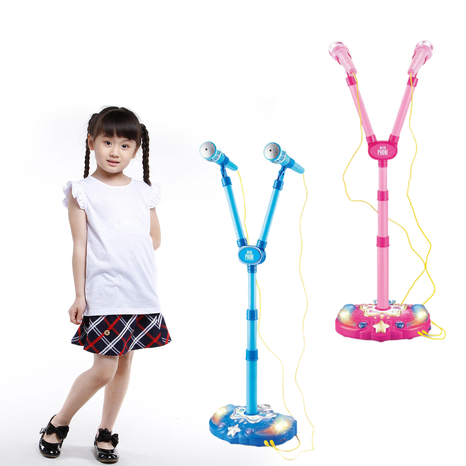 Kids Girl Karaoke Twin Microphone with Adjustable Stand Light and Music, Karaoke Machine for Kids