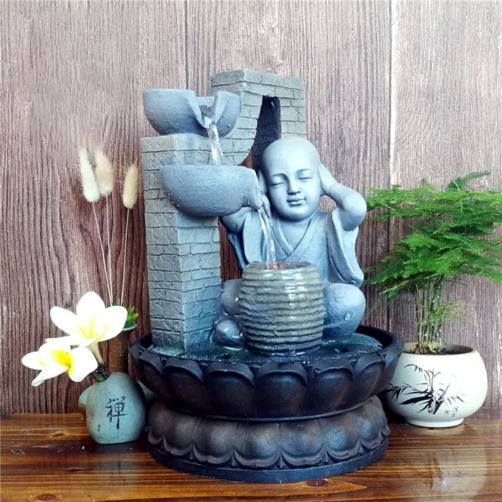Resin Water Fountain Decoration Small Monk Waterfall View Peaceful Lifelike for Home Office Art Sculpture Decor Indoor Fountain