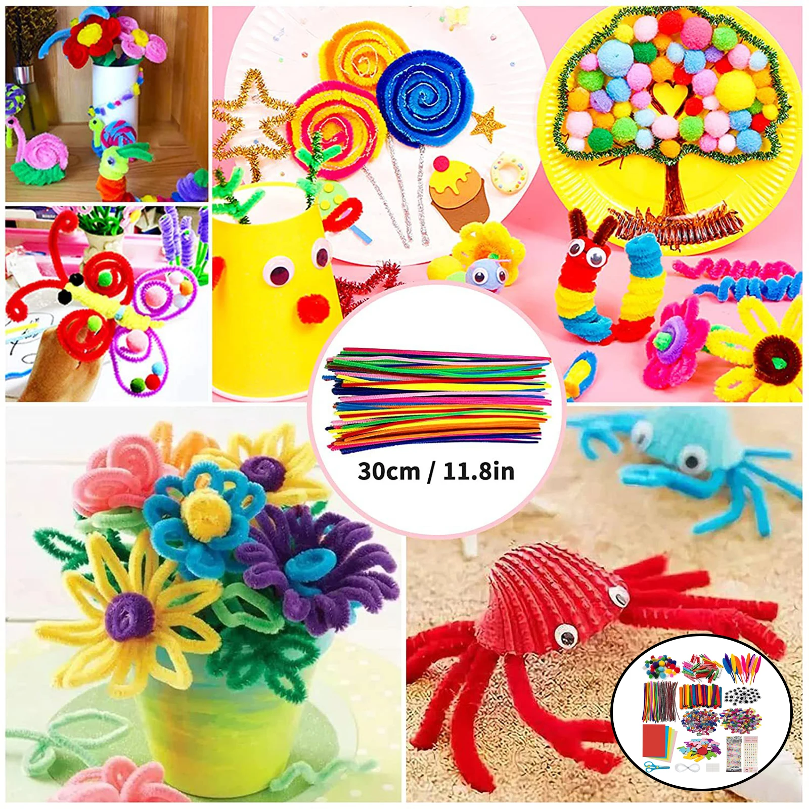 1200 Pieces Plush Balls Eyes DIY Art Craft Toys Plush Stick Pom Poms Rainbow Colors Educational Creativity for Kid