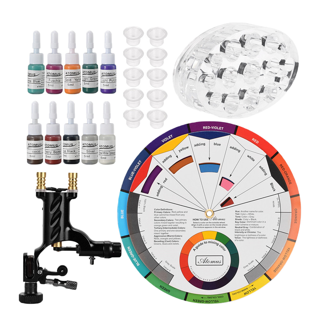 Complete Tattoo Kit for Beginners Tattoo Power Supply Kit, Tattoo Motor Machine, Tattoo Inks, Tattoo Color Cup, Color Chart