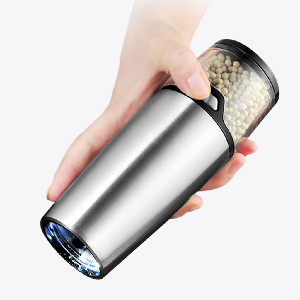Electric Salt and Pepper Grinder Refillable Stainless Steel with LED Light Peppercorn Grinder One Handed Battery Operated
