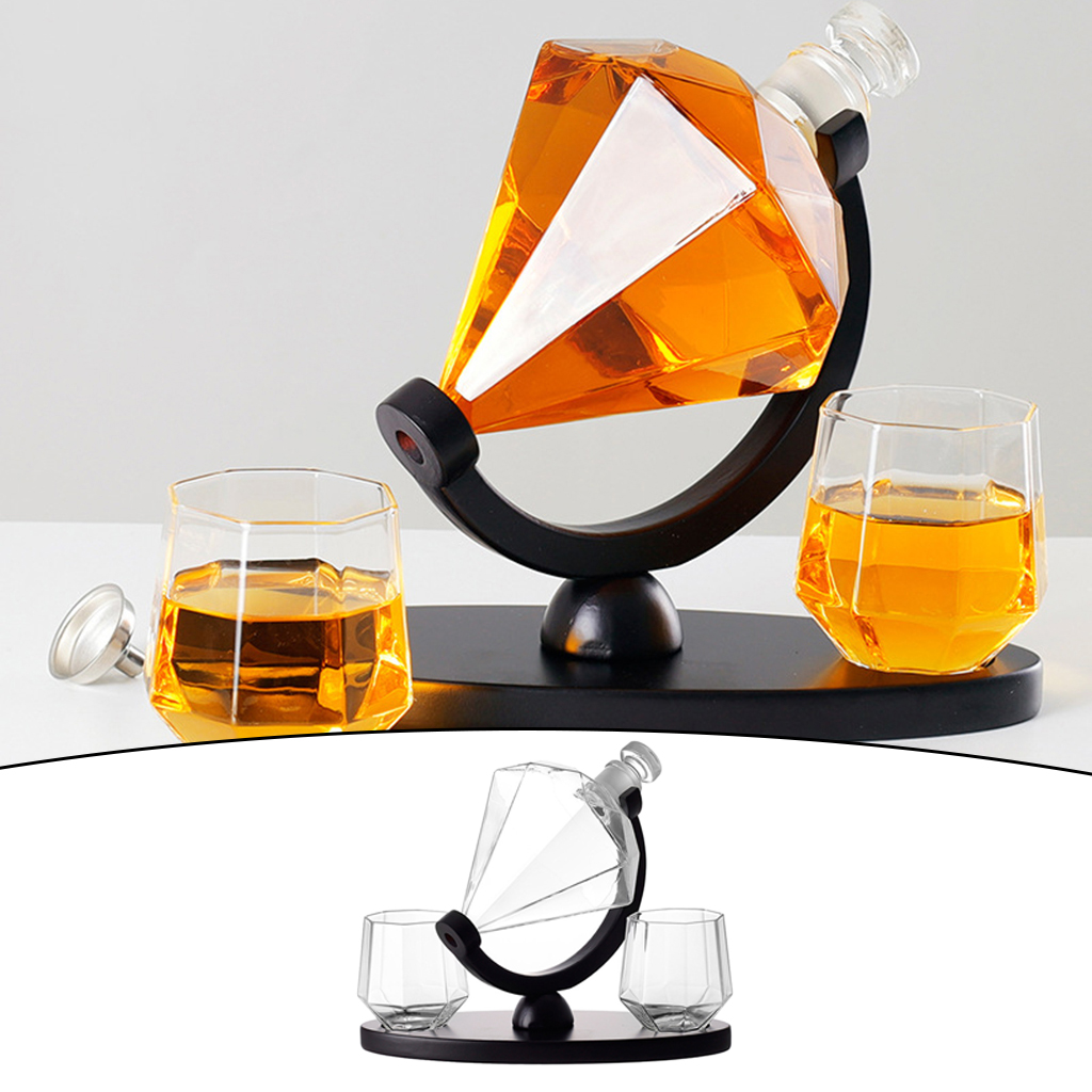 Decanter Wine Glass Set Diamond Crystal Whisky Carafe with Fine Wood Stand Liquor Decanter