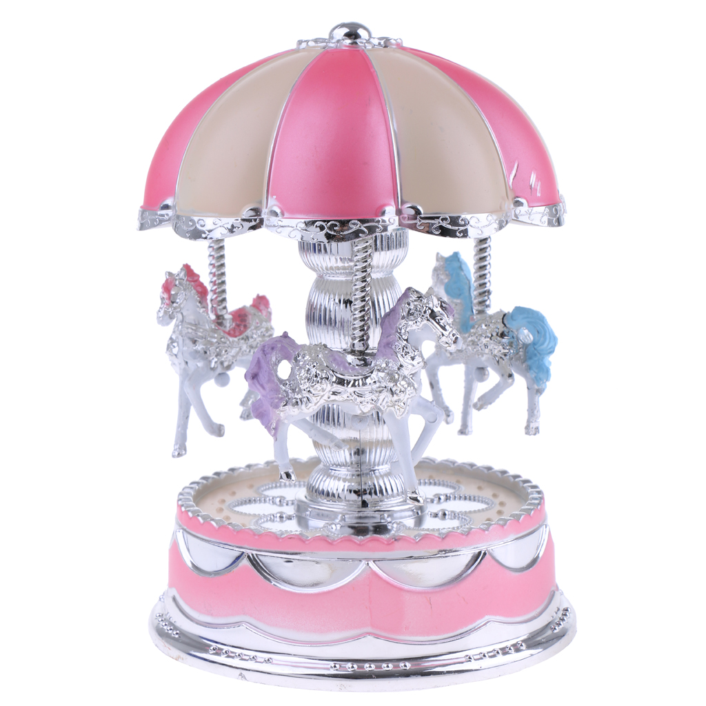 Vintage LED Light Carousel Rotating Music Box Mechanical Toy Kids Gift Pink