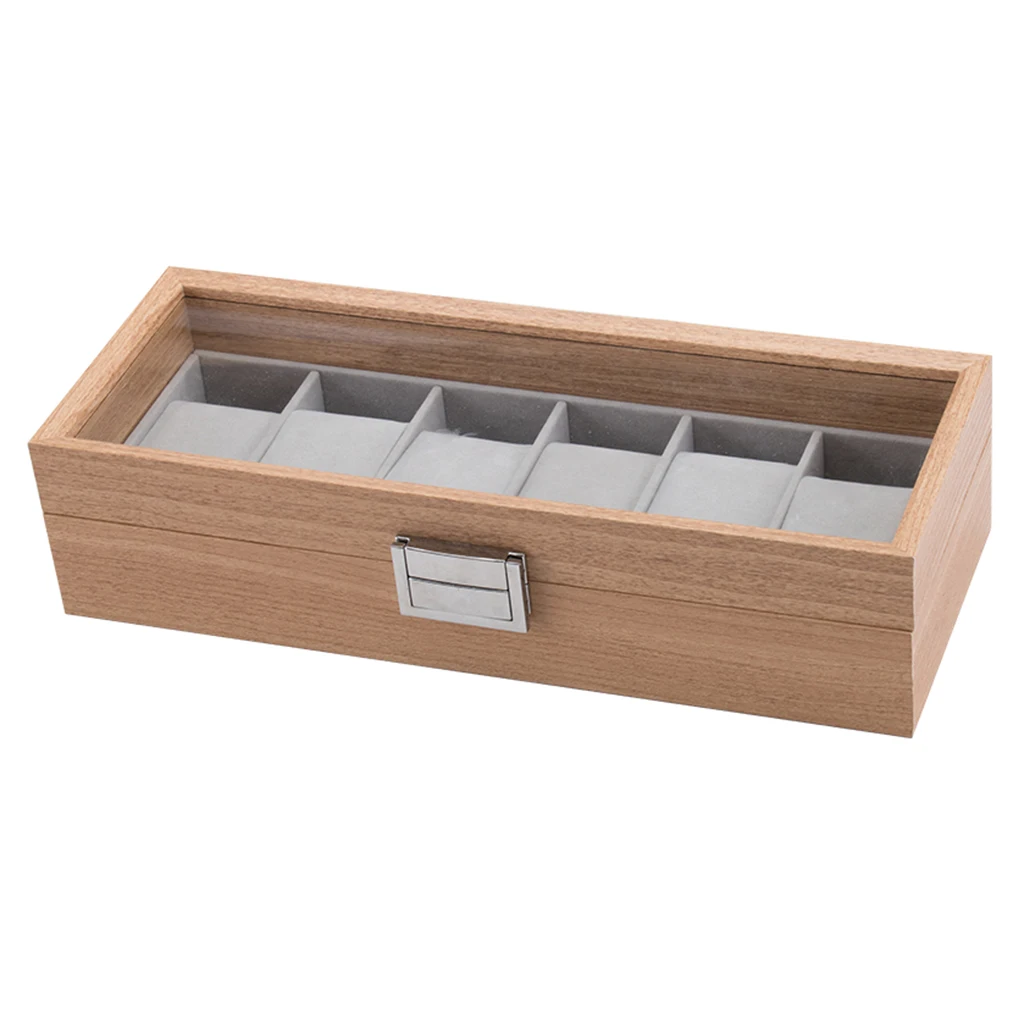 6 Slots Watch Display Case Wooden Glass Top Jewelry Storage Organizer Box . Exquisite workmanship and elegant appearance.