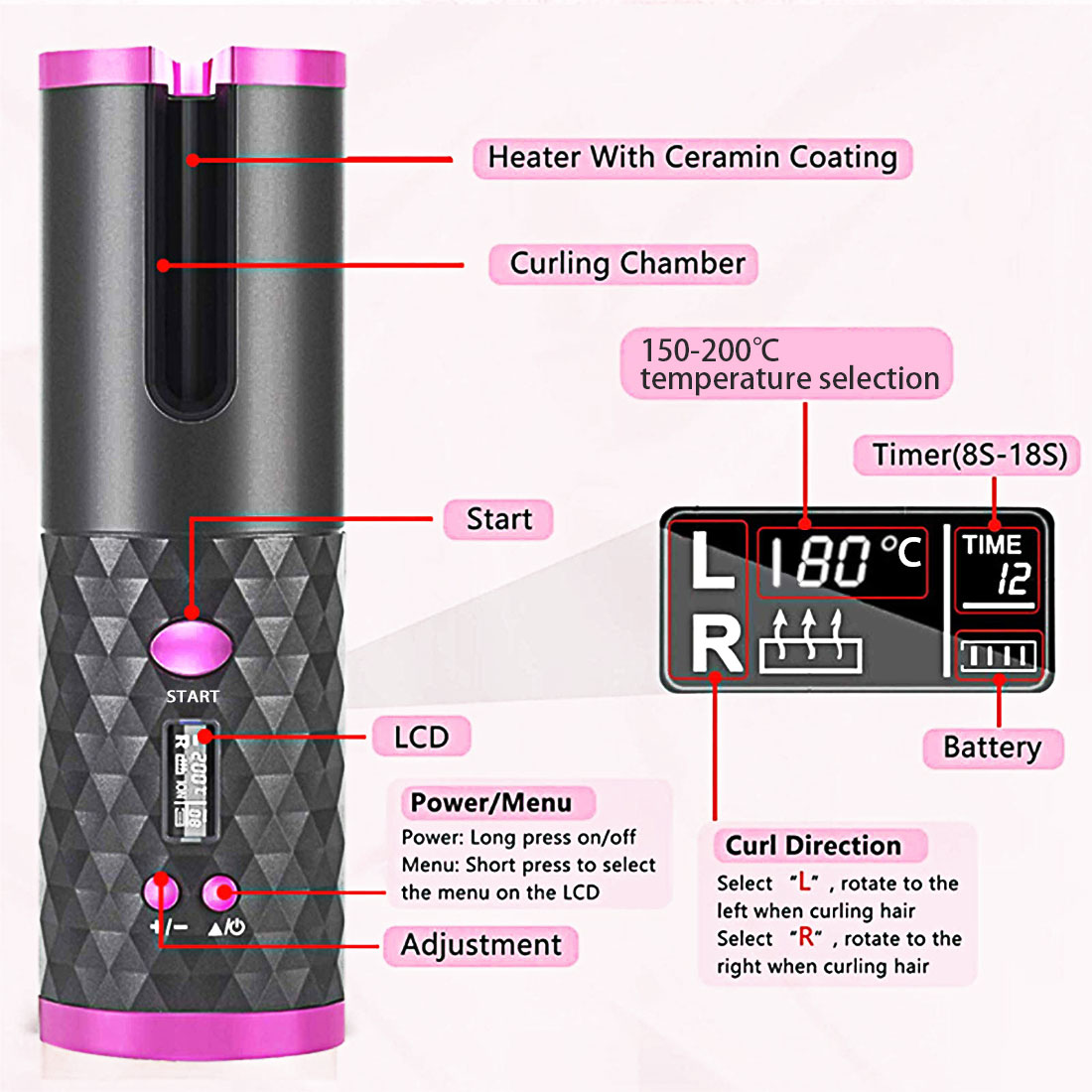 Automático sem Fio Modelador de Cabelo Lcd com 1 Pente + 2pc Cabelo Curling Ferro Portátil Recarregável Onda Styer Display Clipes Usb 14 Curling Irons