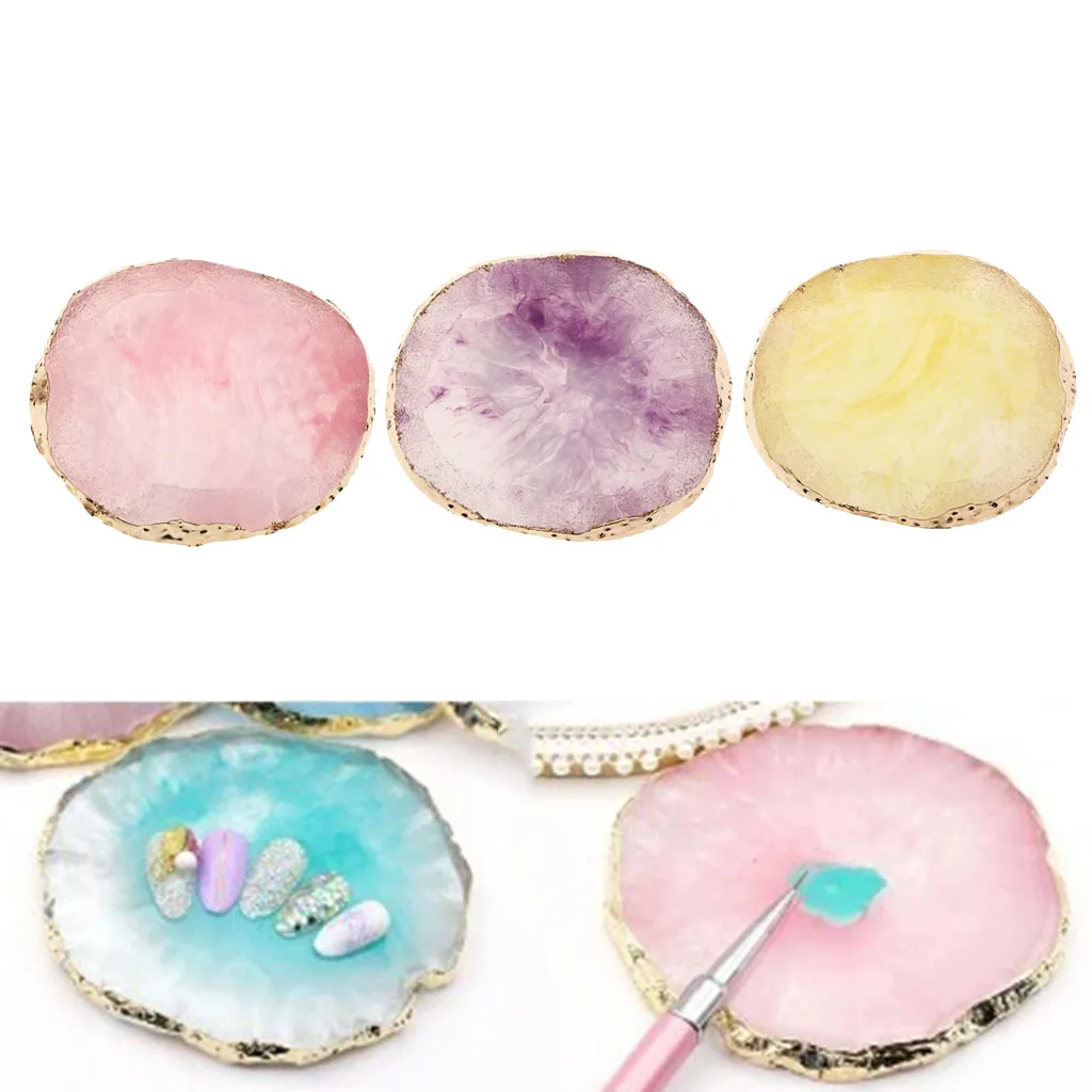 Agate Coasters Nail Art Palette Natural Resin Stone Display Dish Design Paint Color Mixing Palette Manicure Tool, Mixed Colors