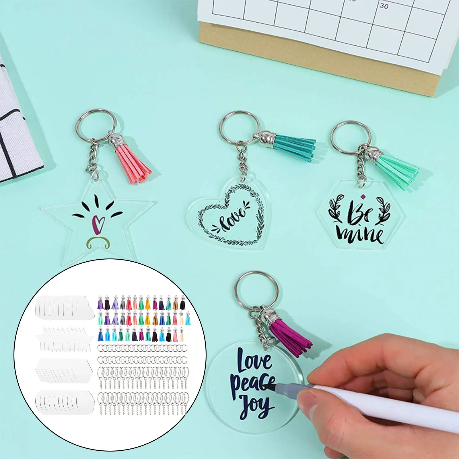 Keychain Blanks Set Acrylic Clear Discs Key  with Tassels Kit for DIY