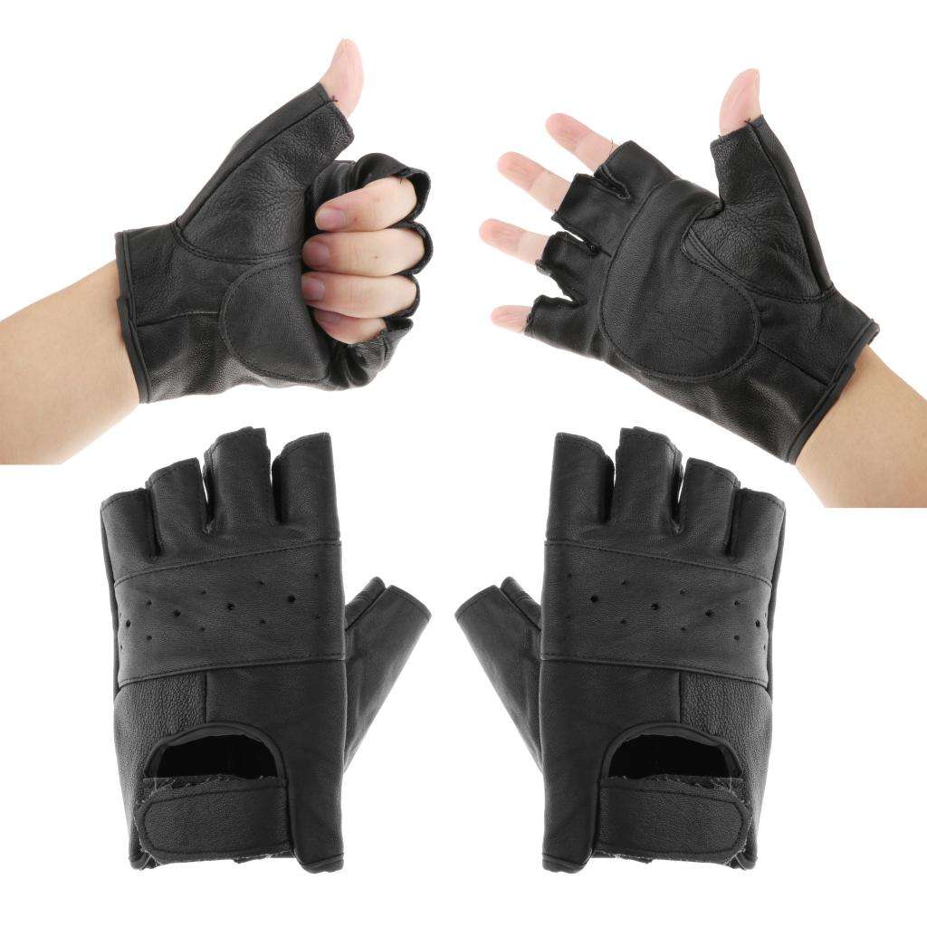 Leather Fingerless Gloves Men's Motorcycle Premium Driving Cycling Weight Lifting Gloves (Black)