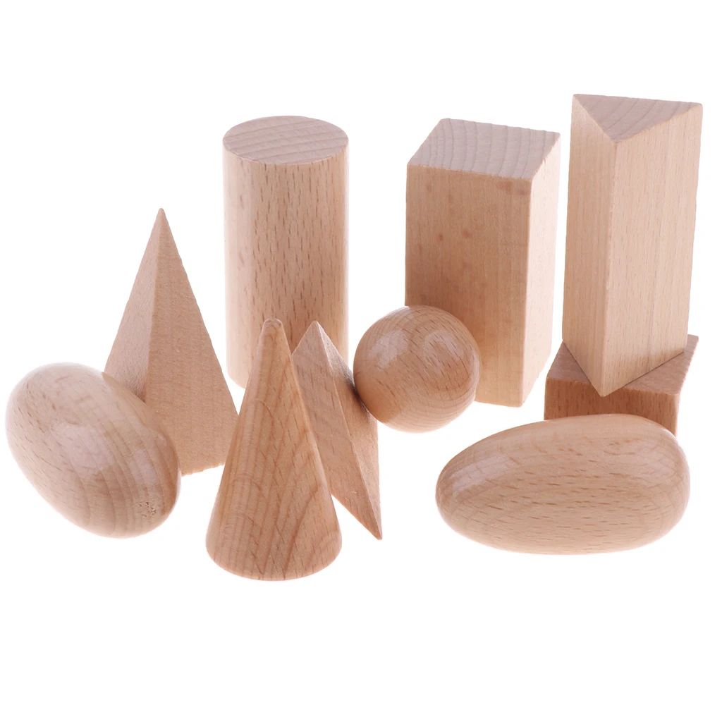 Montessori Polished Wooden Geometric Solids Blocks Set of 10 3D Shapes 