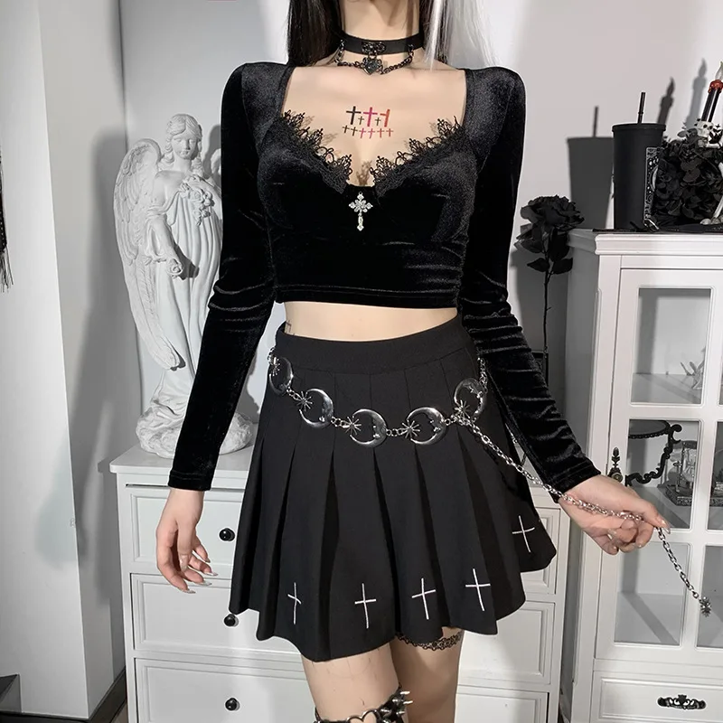 Autumn Female Gothic Black T-shirt Y2K Vintage Velvet Long Sleeve Crop Top Sexy Women V Neck Corset Tees E-girl Harajuku Clothes