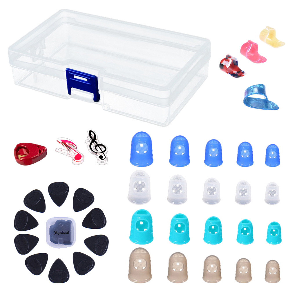Durable 1 Set Guitar Bass Accessory, Silicone Fingertip+Picks+Page Clips+Picks Holder+ Box