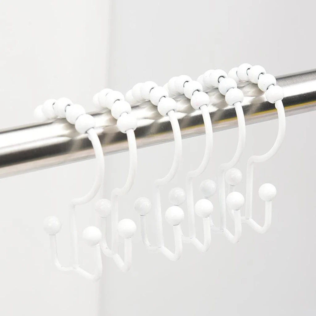 12pcs Stainless Steel Roller Double Sliding Hooks Bath Rollerball Shower Curtains Glide Rings Home Bathroom Accessorie