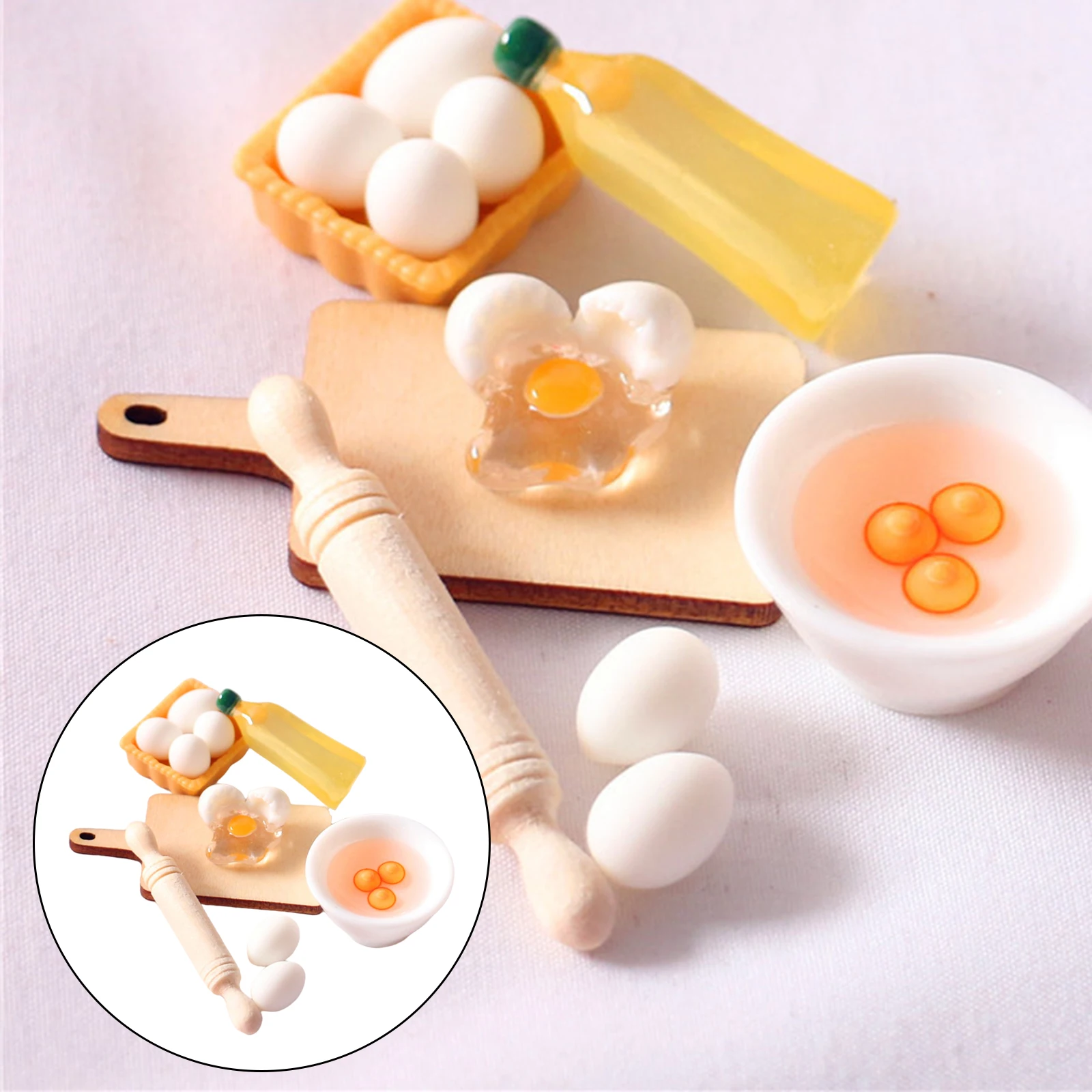 1/12 Dollhouse Miniature Cute Rolling Pin Egg Bowl Olive Oil Set Doll House Handcrafted Furniture Model Decor Mini