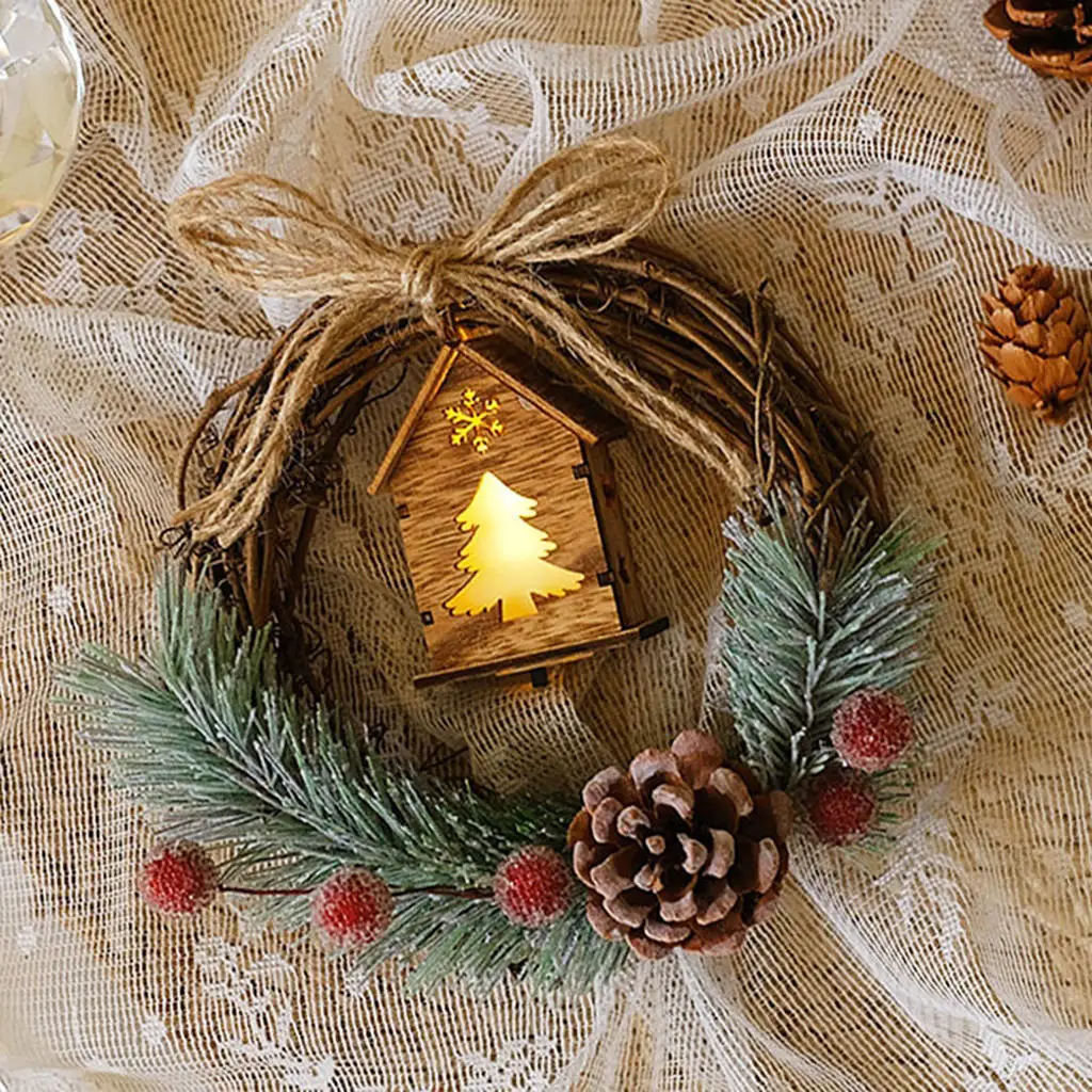 Hanging Christmas Wreath Garland with Green Leaves Pine Cones with Lights Front Door Wall Hanging Decoration Fireplace Ornament