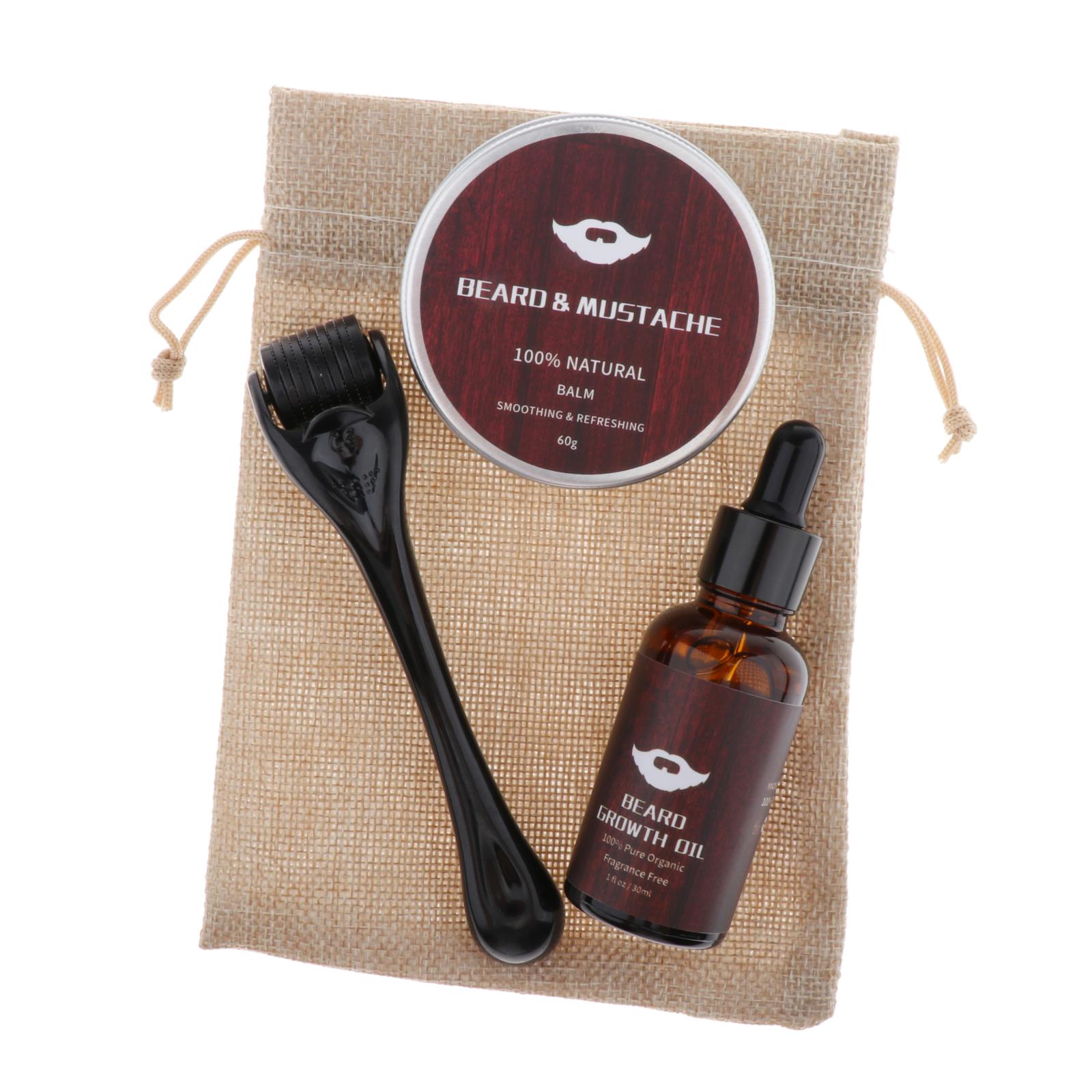 Beard Taming Kit Mustache Comb Grooming Styling Growth Oil Balm Roller Gift Set