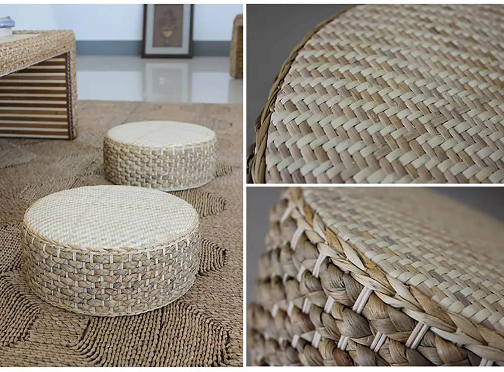 Brown-Round Footstool Bench Seat Floor Pouf for Living Room 11.8 x 11.8 x 5 Inch Small Straw Woven Pouf Ottoman 