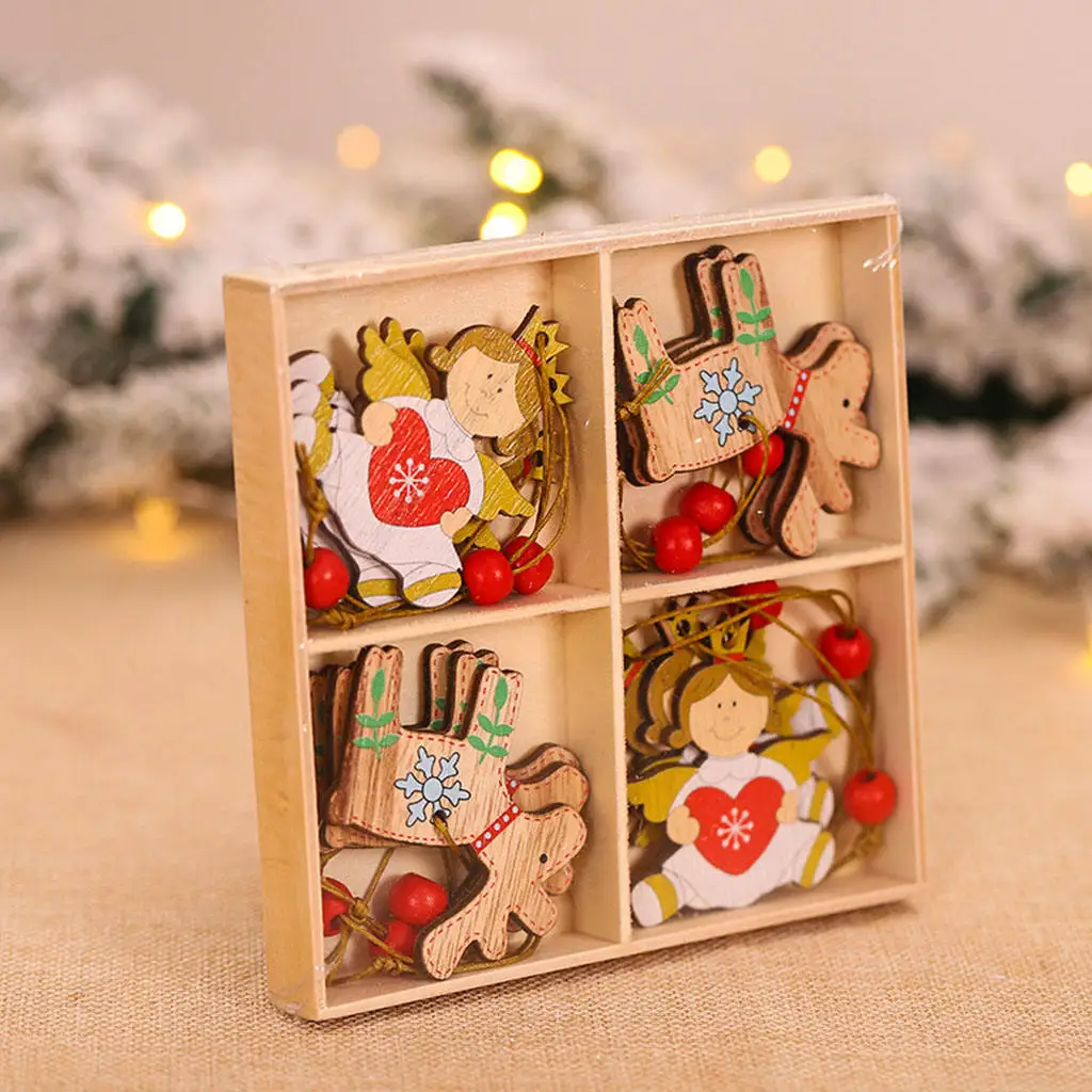 12 PCS Wooden Christmas Tree Hanging Ornaments Christmas Decoration Gift Wooden Pendants Craft DIY Home
