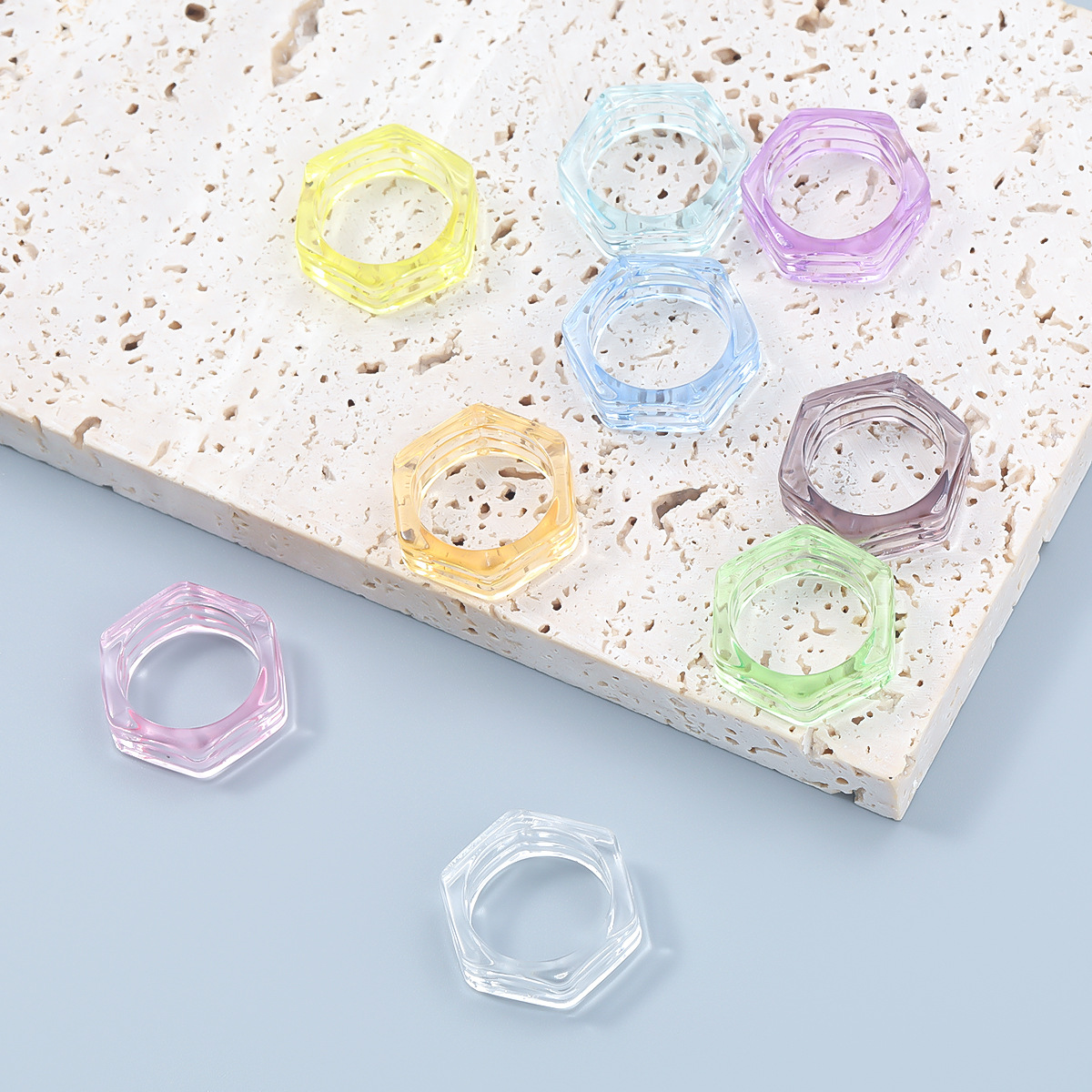 Fashion Candy Color Hexagon Transparent Resin Ring Couple Popular Hip-hop Ring Campus Party Accessories