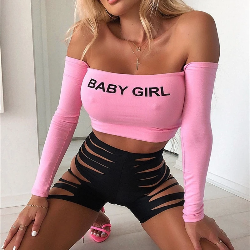 Womens Tight Clothing Party Nightclub Wear Pink Sexy Top Letter Print Long-Sleeved Chest-Wrapped Short T-Shirt Exposed Navel velour tracksuit women