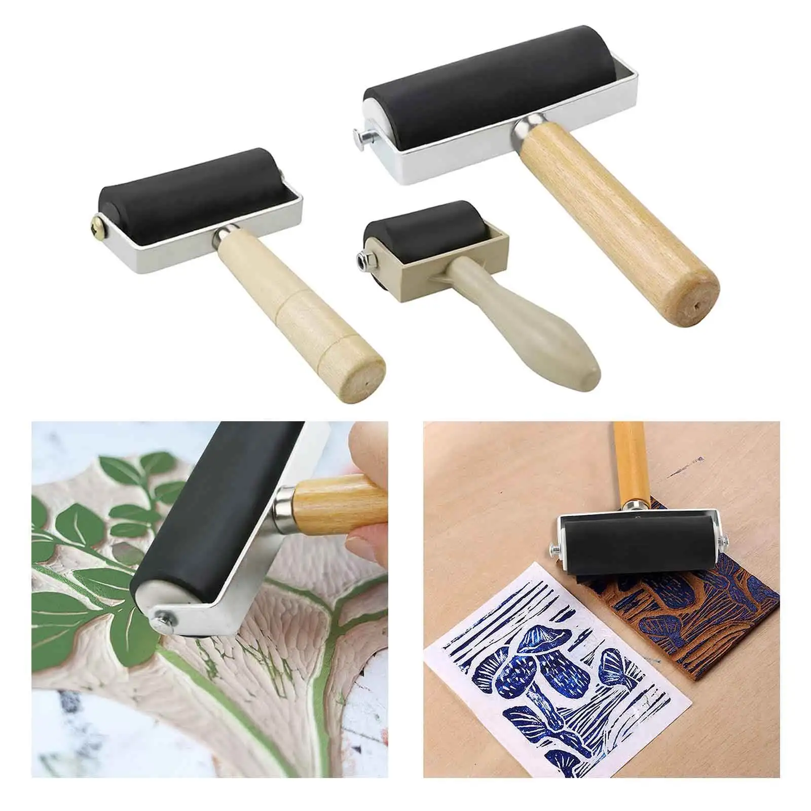 3Pcs Rubber Brayer Roller Wood Handle Ink Painting Stamping Tool Arts Crafts for Carved Surfaces Wallpapers Printing