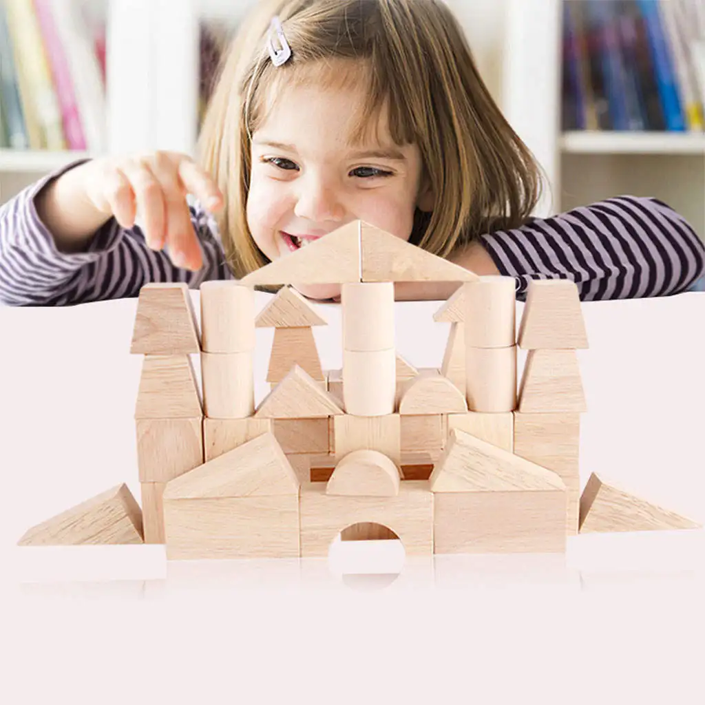 Geometric Wood Building Blocks Learning Shape Cognition Fine Motor Skills Construction Game Boys Girls Kids Children Preschool