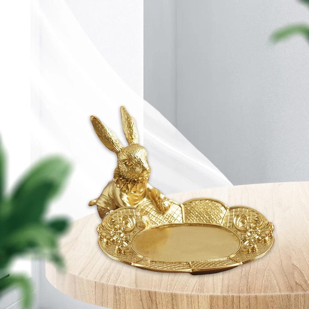 Adorable Bunny Ring Holder Jewelry Tower Resin Golden Dish Plate Jewel Display Organizer Trinket Tray, Lovely Rabbit