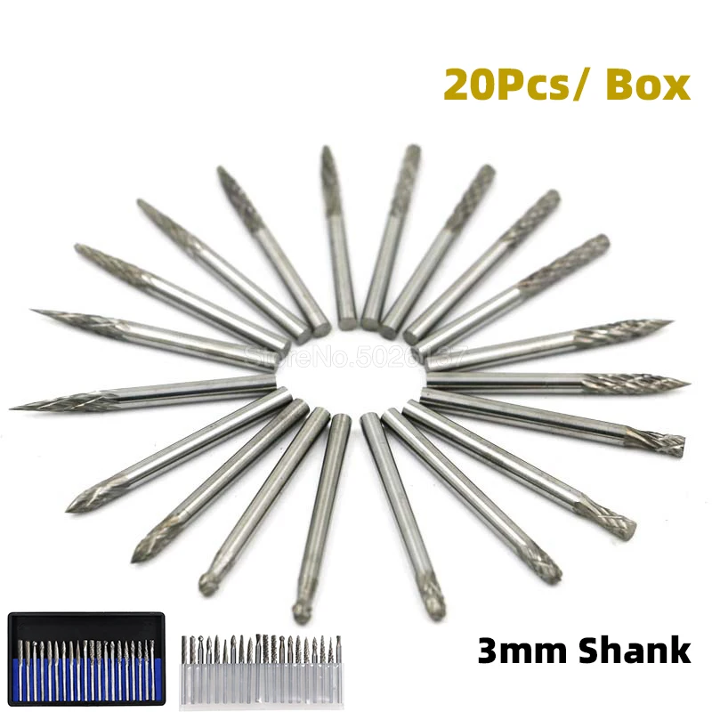 3mm Drilling Shank Rotary Carving Burr Tools for DIY Woodworking Engraving A 1/8 Rotary Burr Set 20Pcs Carving Bits Set with Titanium Plating Grooving 