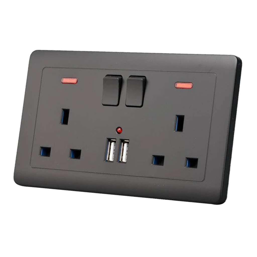 Double Wall UK Plug Socket 2 Gang 13A with 2 USB Charger Outlets, Black