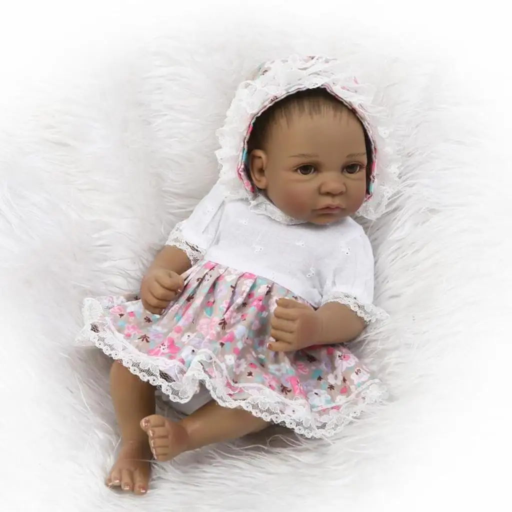 Real Life 11 Inch Full Silicone Reborn African American Baby Girl Doll with Floral Dress Hat Set Christmas Gift