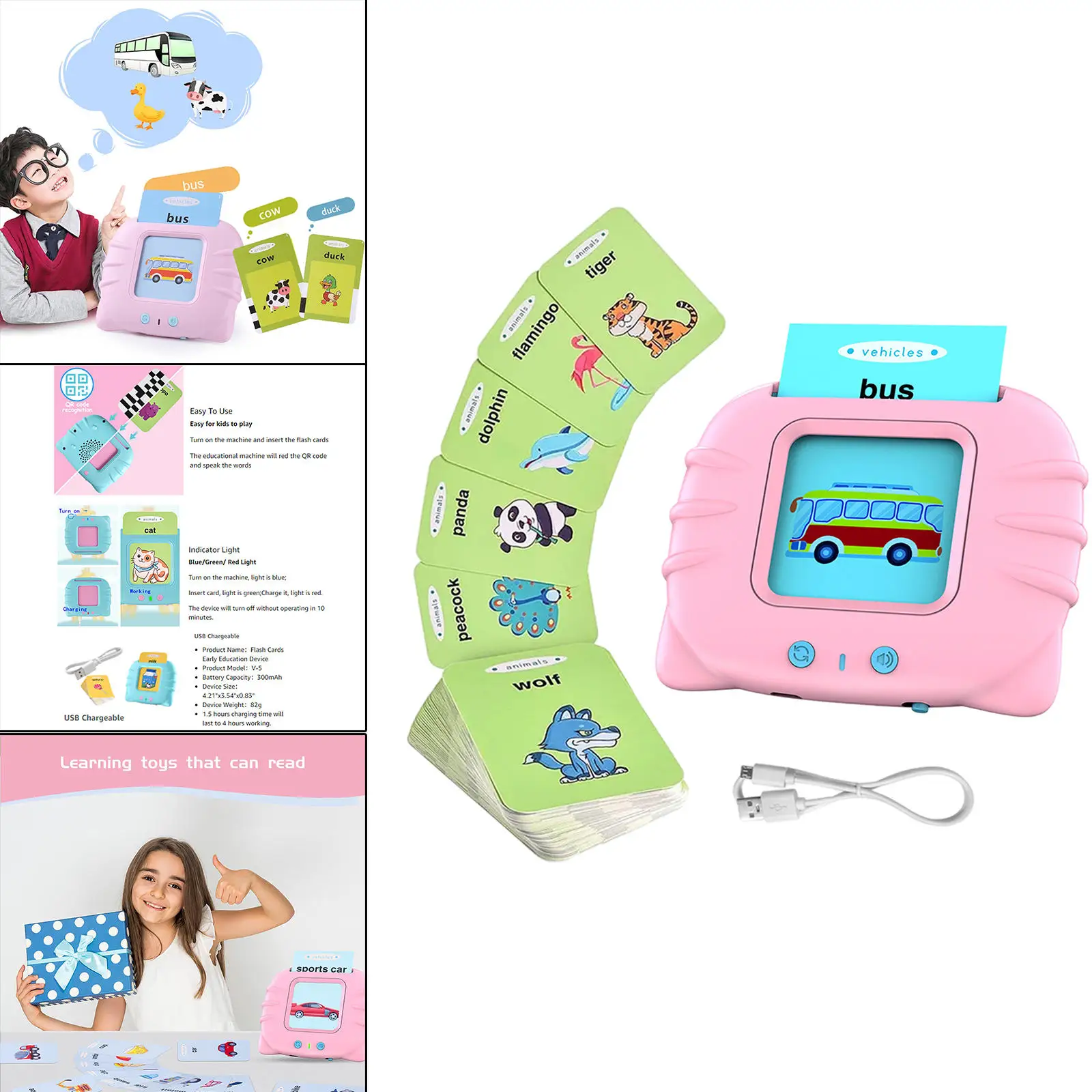 224Pcs Flash Cards Learning Machine Musical Educational Electronic Toy Interactive Toys with Sound Effects Audible for Age 2-6