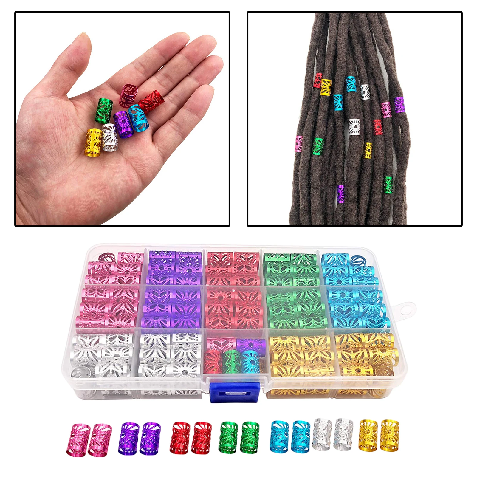170Pcs Hair Braid Cuff Jewelry Braid Bead Hair Accessory Decor w/Storage Box Colorful Braides Dreadlock Decorations
