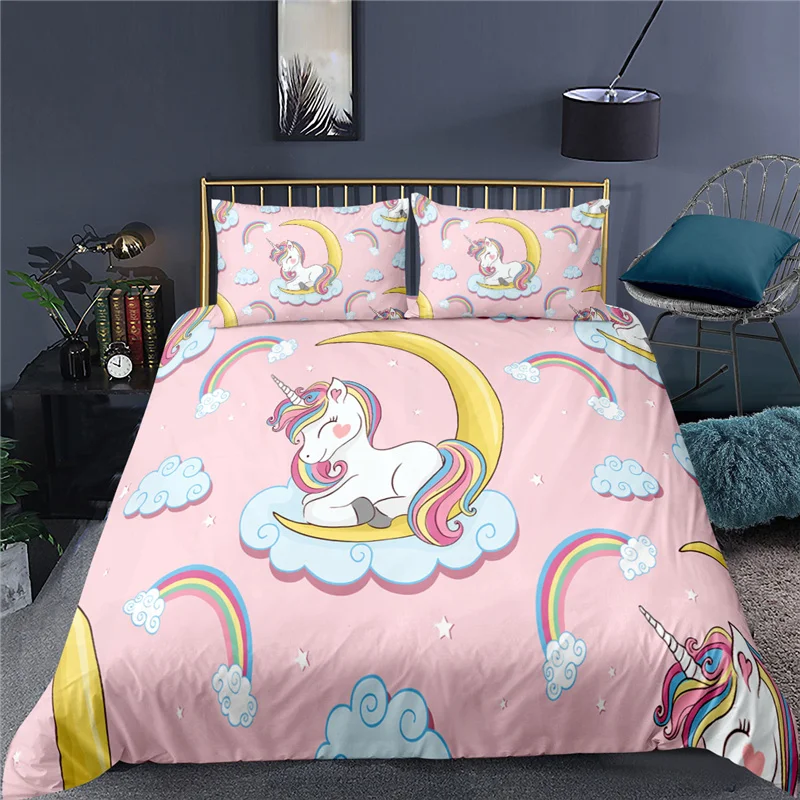 king size bed sheets Bedding Sets Luxury 3D Cartoon Unicorn Print 2/3Pcs Comfortable Kids Duvet Cover Pillowcase Home Textile Single/Queen/King Size king size bed sheets