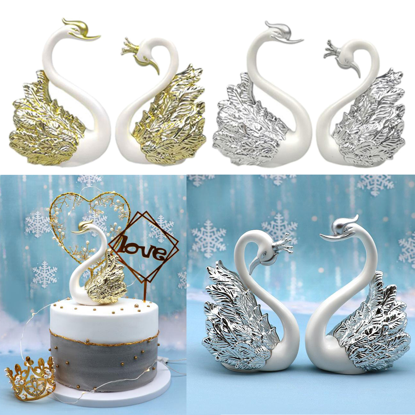 2pcs Romantic Crown Swan Figurine Collection Cake Topper Table Centerpiece Ornament