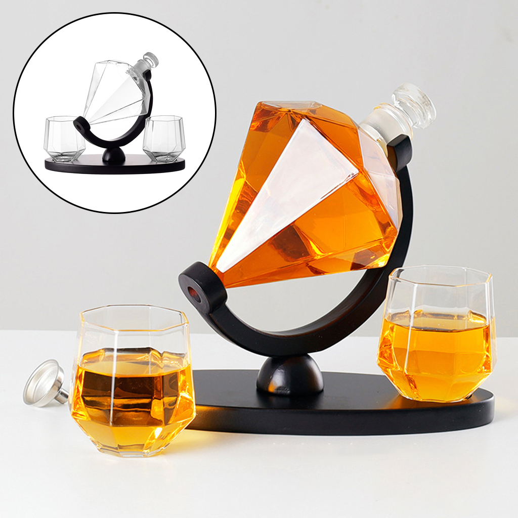  Decanter Wine Glass Set Diamond Crystal Whisky Carafe with Fine Wood Stand Liquor Decanter