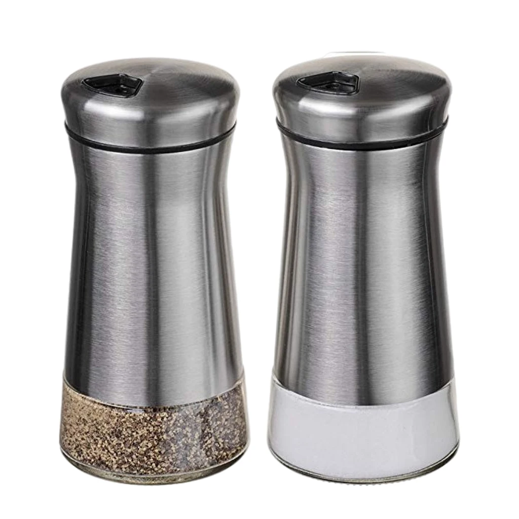 2pcs Stainless Steel Salt and Pepper Shaker with Glass Bottom with Adjustable Pour Holes Spice Dispenser