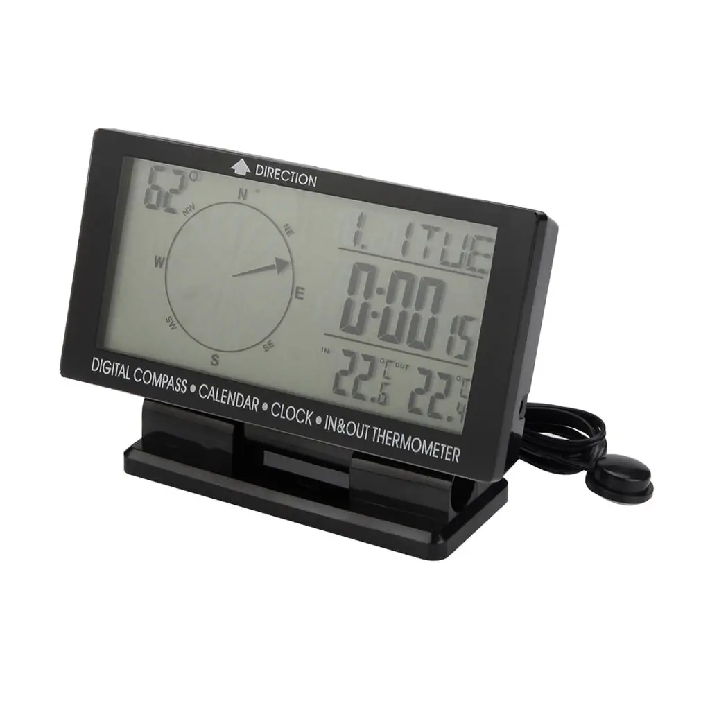 Car Digital Compass 4.6`` LCD Display Blue LED Backlight Clock In/Out Temperature Calendar Time Date