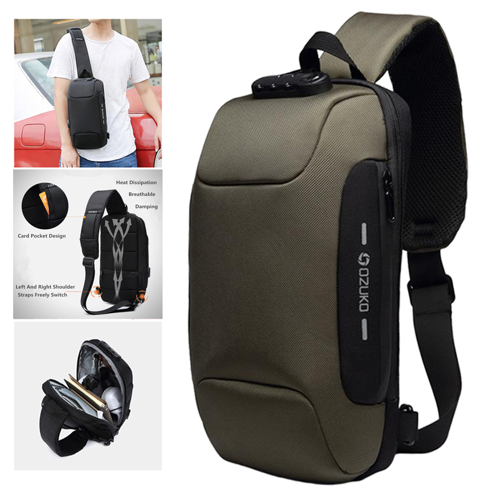 Men's Sling Bag Chest Shoulder Backpack Crossbody Bag with USB Charging Port for Travel, Hiking ,Cycling