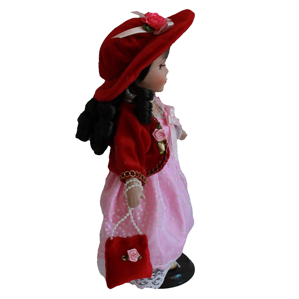 Porcelain Doll 12'' Standing with Pink Dress Victoria Style W/Display Stand