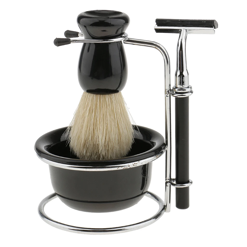 4in1 Black Shave Stand +Bristle Brush+ Bowl +Safety  Travel Set for Men