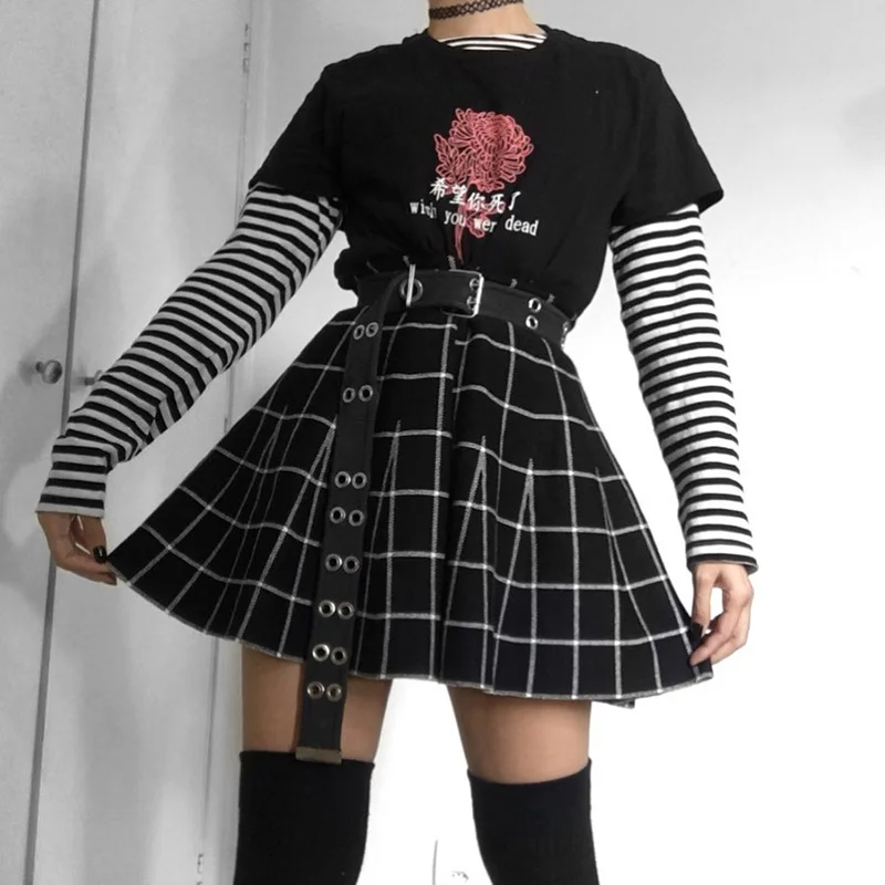 Y2K Aesthetic Gothic Grunge Plaid Black Mini Skirt Women High Waist A-line Skirt E-girl Vintage Mall Harajuku Streetwear Clothes