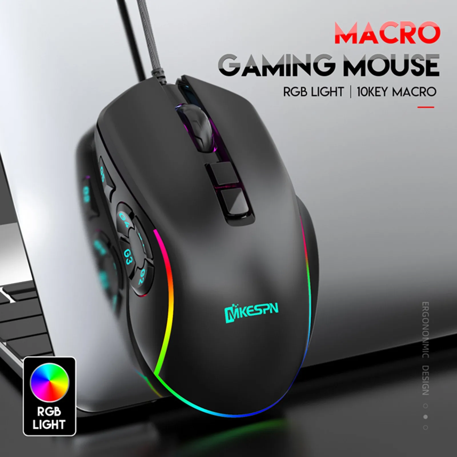 Ratón Gaming con Cable Portátil 6 dpi Adjustables hasta 7200,Gaming Mouse Óptico,Ratón Ergonómico Óptico RGB con LED 11 Colores para PC 