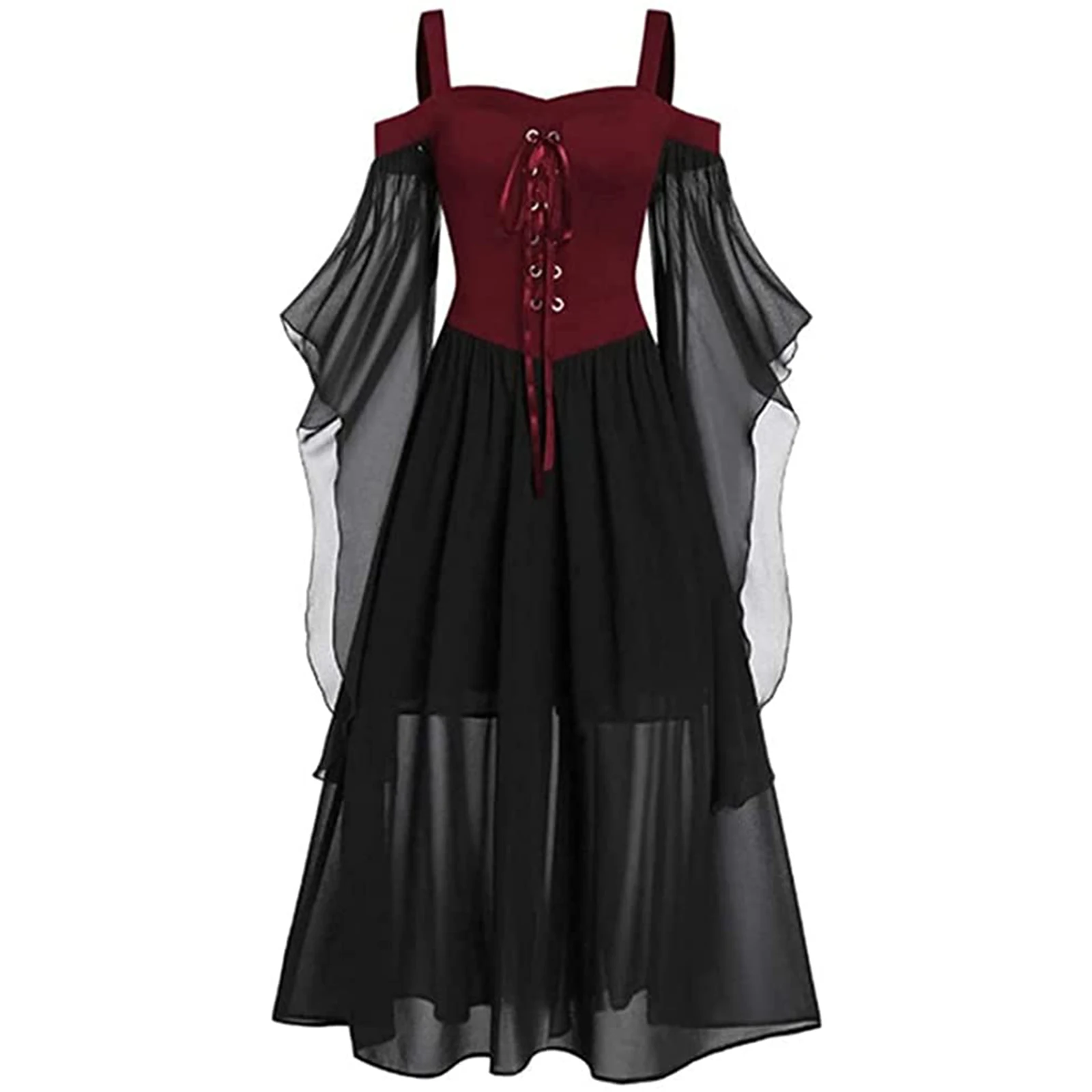 Women's Halloween Witch Cosplay Costumes Gothic Off Shoulder Lace-up Bandage Mesh Sheer A-line Long Cami Dress Party Wear long dress