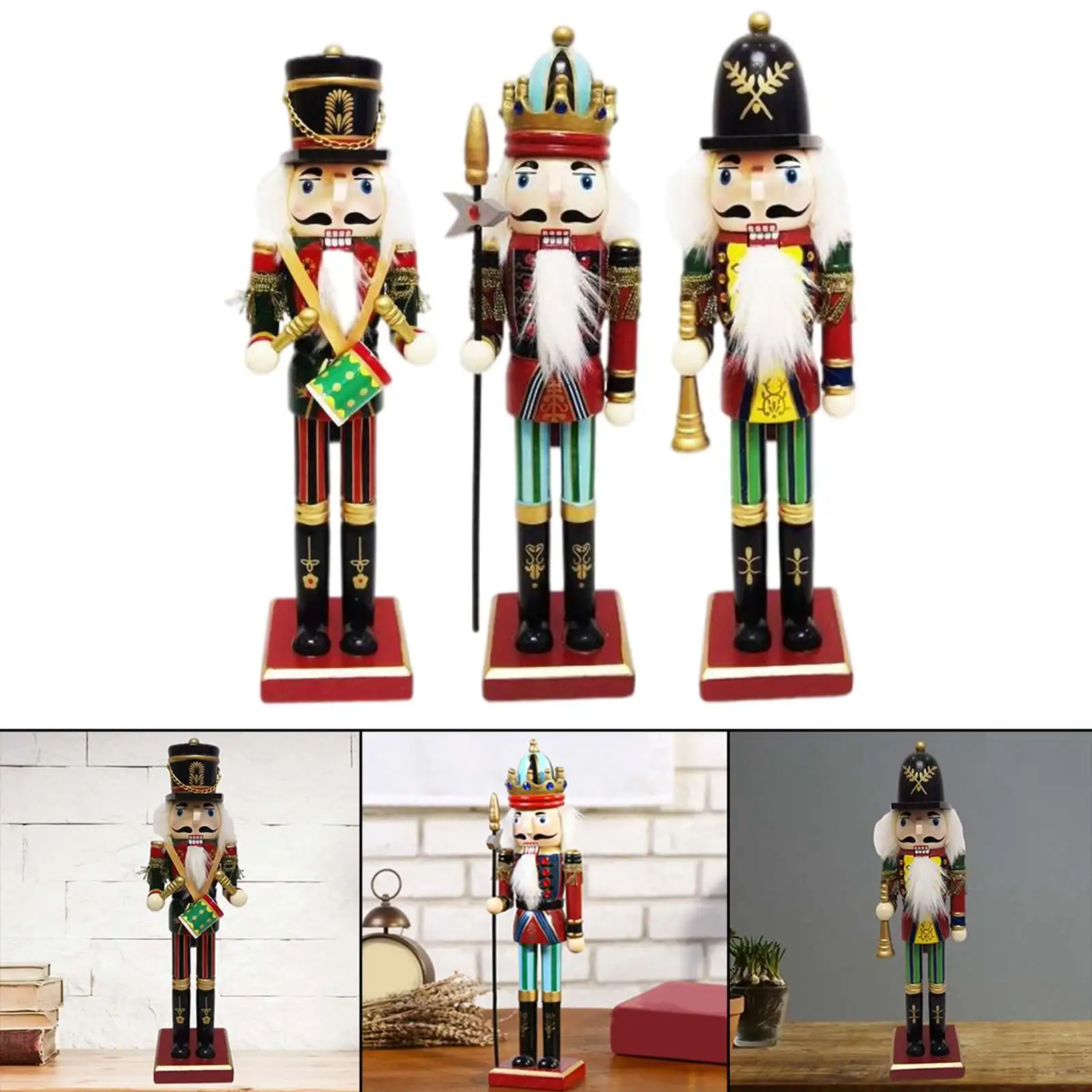 3pcs 30cm Wooden Nutcracker Soldier Ornaments Handcraft Handpainted Xmas Doll for Kids 
