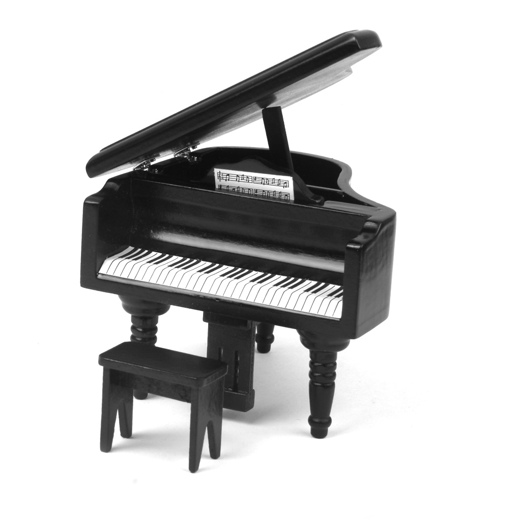 12th Dolls House Mini Wooden Piano with Chair Room Garden Decoration Accessory