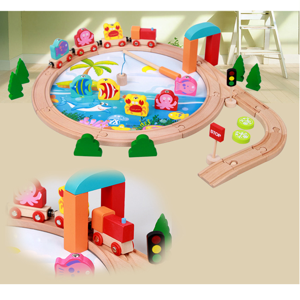 Wooden Train Fishing Game Playset with 8 Fishes And 1 Pole, Educational Toy