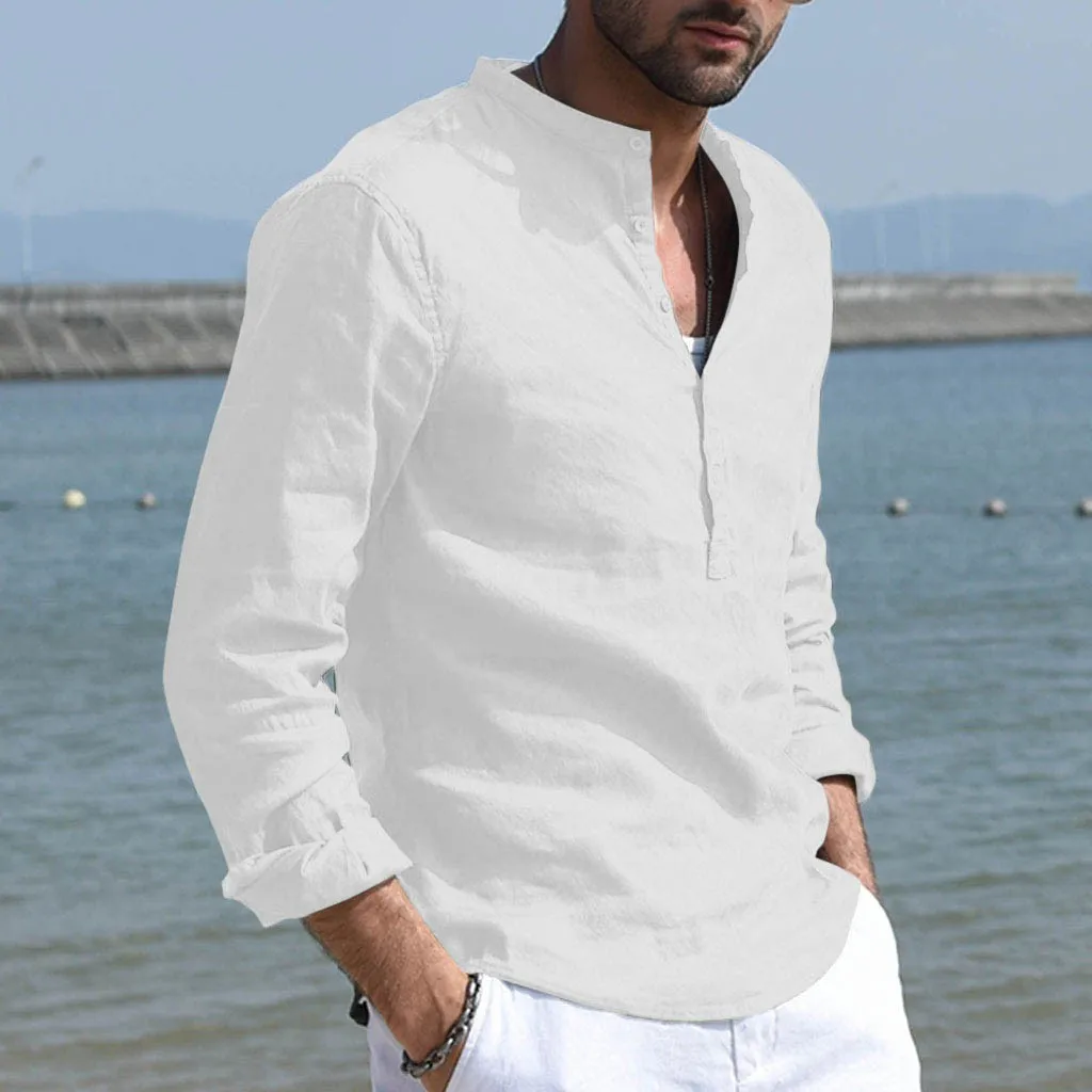 Льняная рубашка мужская с длинным рукавом белая