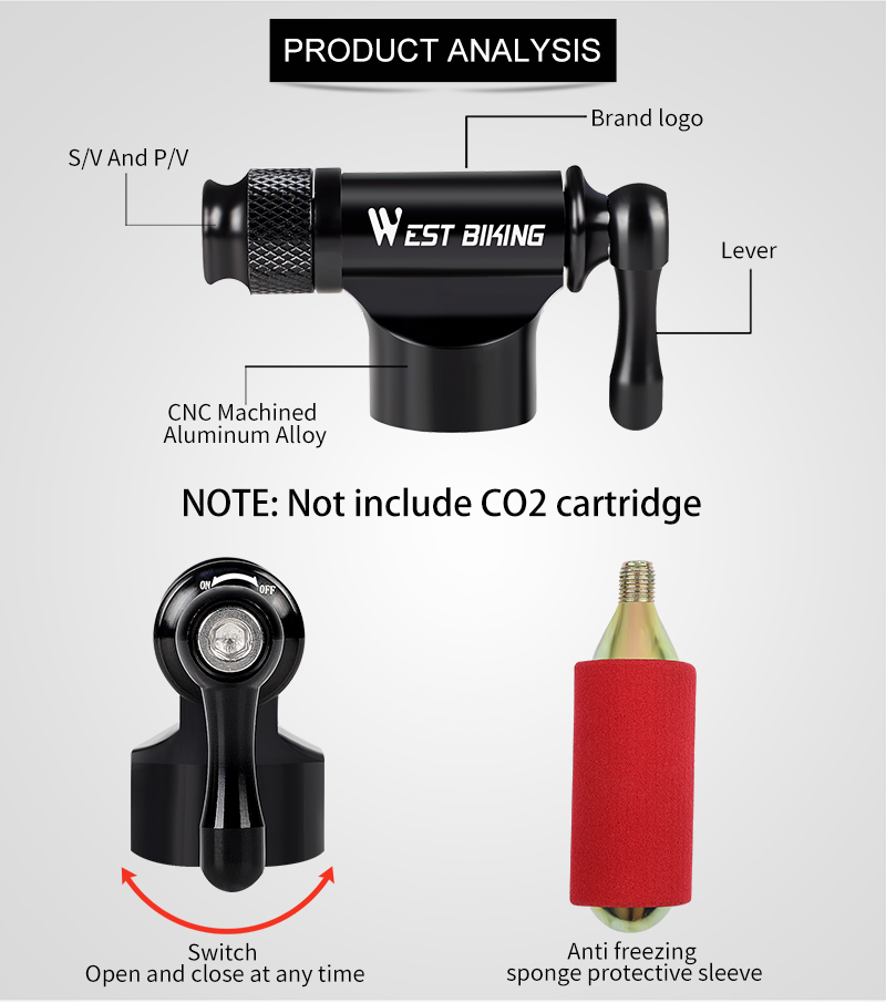 Pompe à CO2 Pour Vélo - Adaptateur Pour Cartouche 16g, Valves Presta Et Schrader