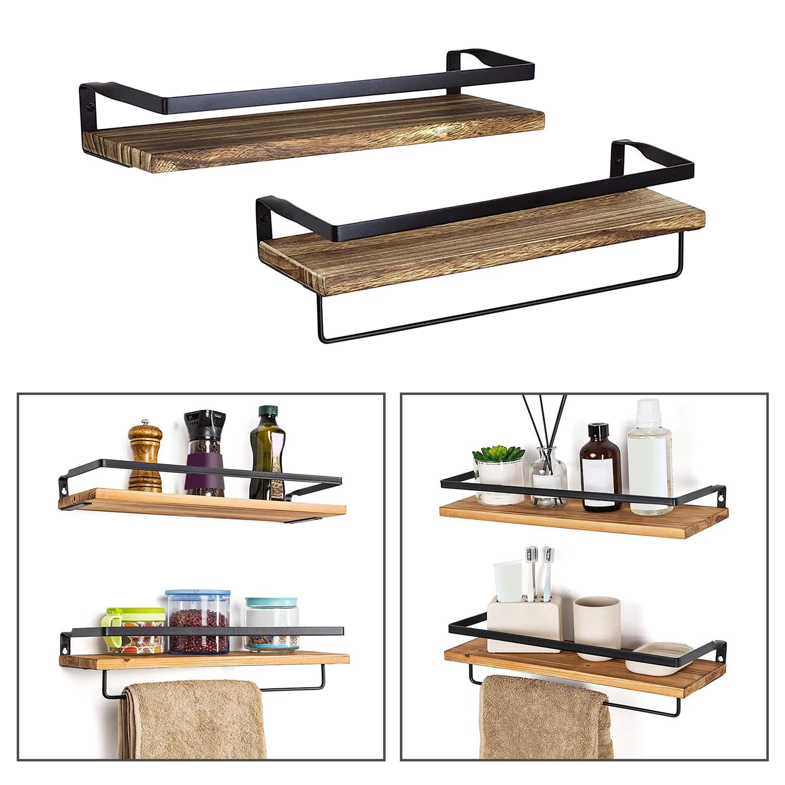 Wood Floating Shelves, Wall Mounted Bathroom Shelf, Rustic Storage Shelves with Removable Towel Holder for Kitchen, Living Room