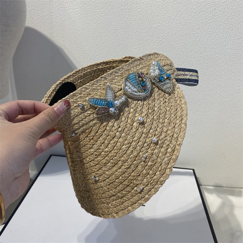 Luxury Pearl Women Bow-knot Headband Hat Raffia  Visor Caps For Girls Beach Hats Braided Fashion Cap Lady Straw Sun Hat 2021